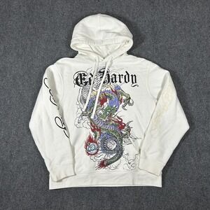 Ed Hardy Japan Dragon Ivory White Pullover Hoodie - Men's Size Medium #2675